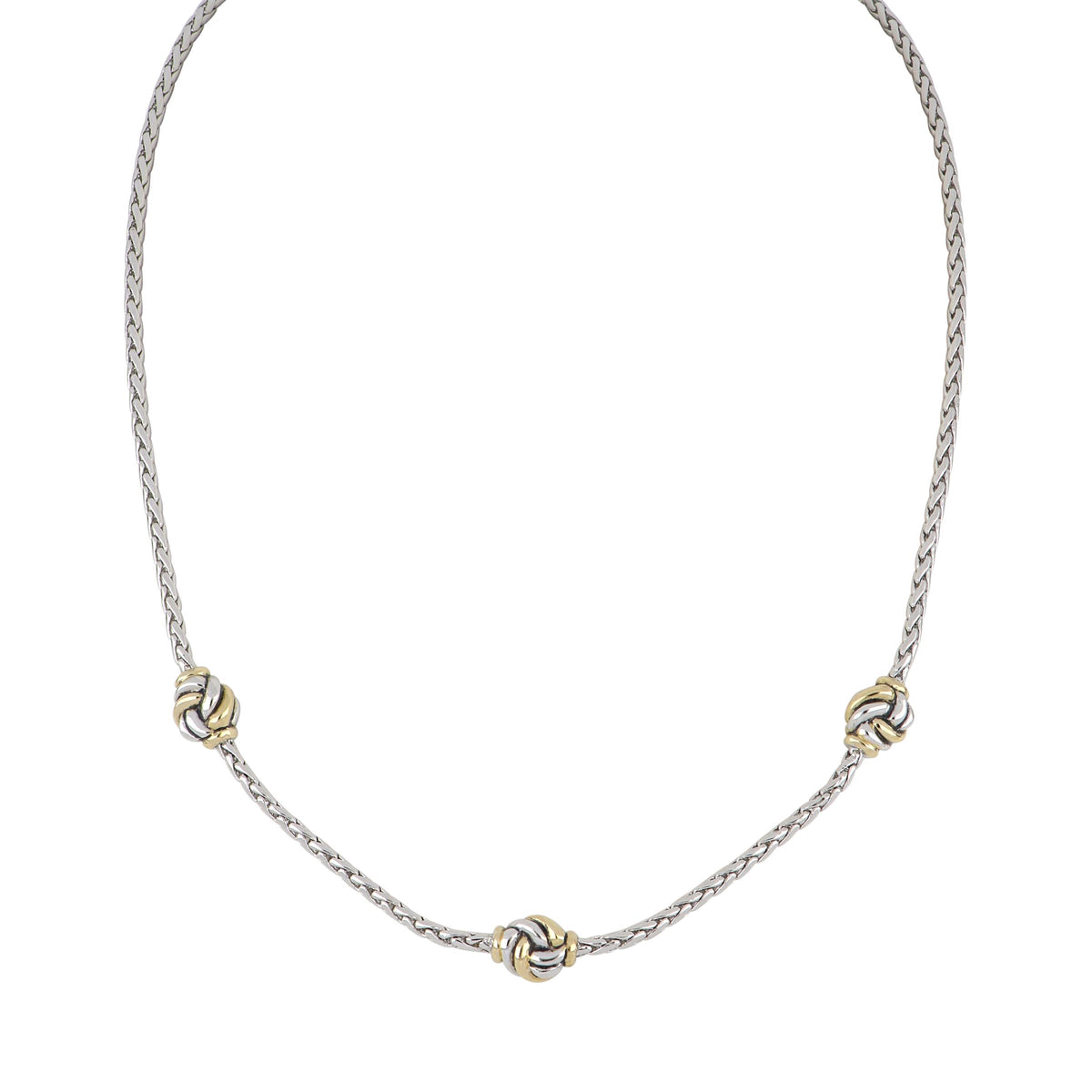 John Medeiros Infinity Love Knot 3 Station Necklace. Rhodium chain, two tone love knots. 16" Long
