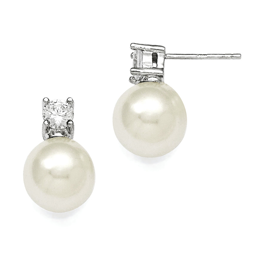 Distinctive Sterling Silver Majestik 10-11mm White Shell Bead with CZ Earrings