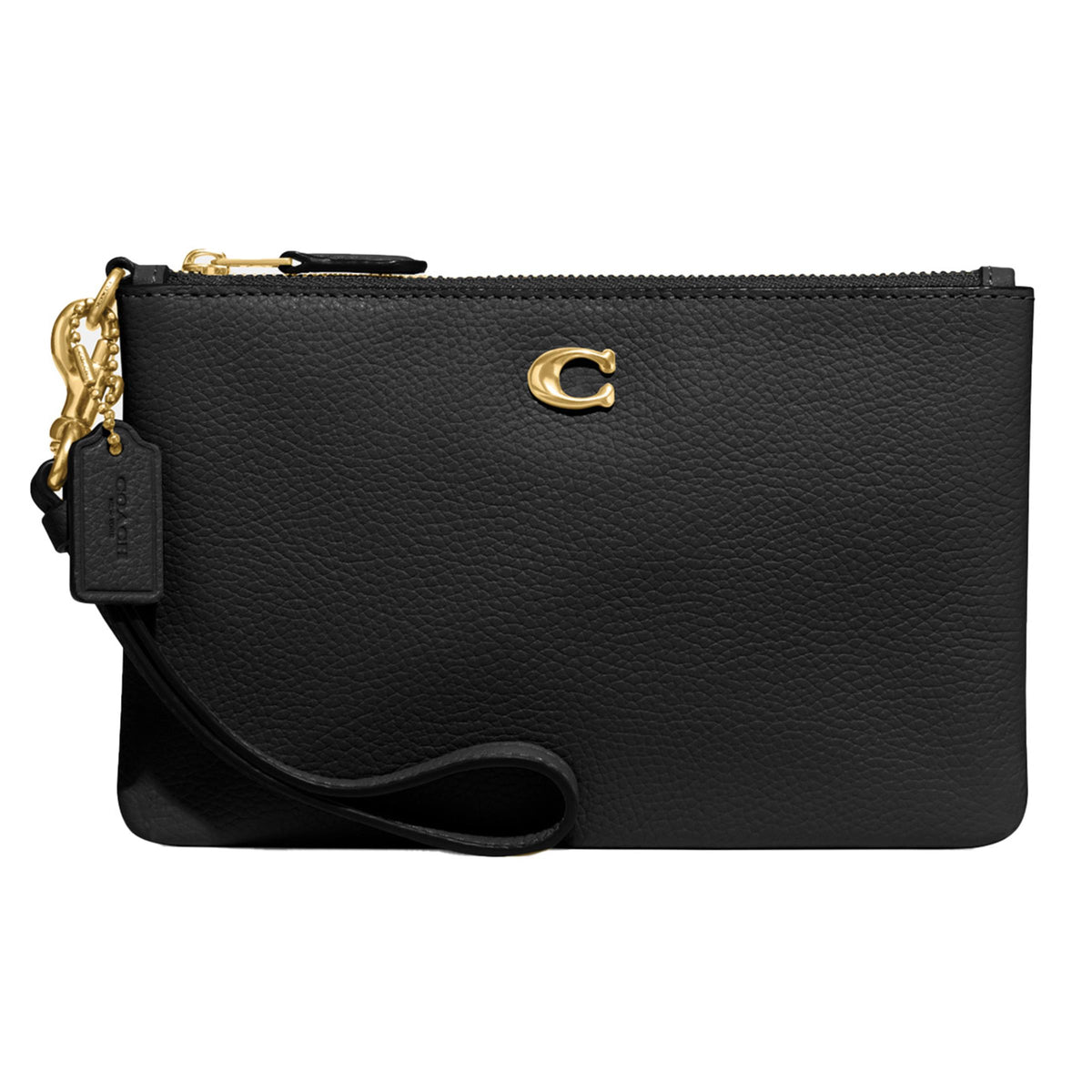 COACH Polished Pebble Leather Small Wristlet - Black/Brass