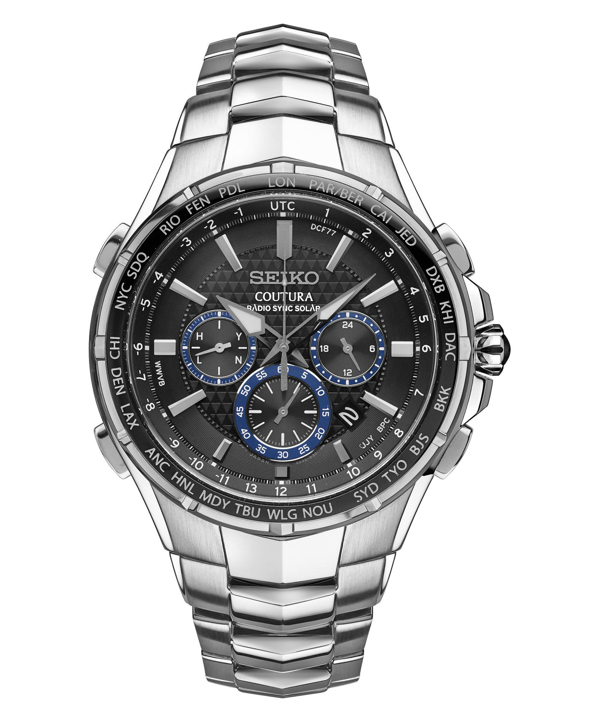 Seiko Mens Coutura Solar Radiowave Chronograph Silver Case Black Dial
